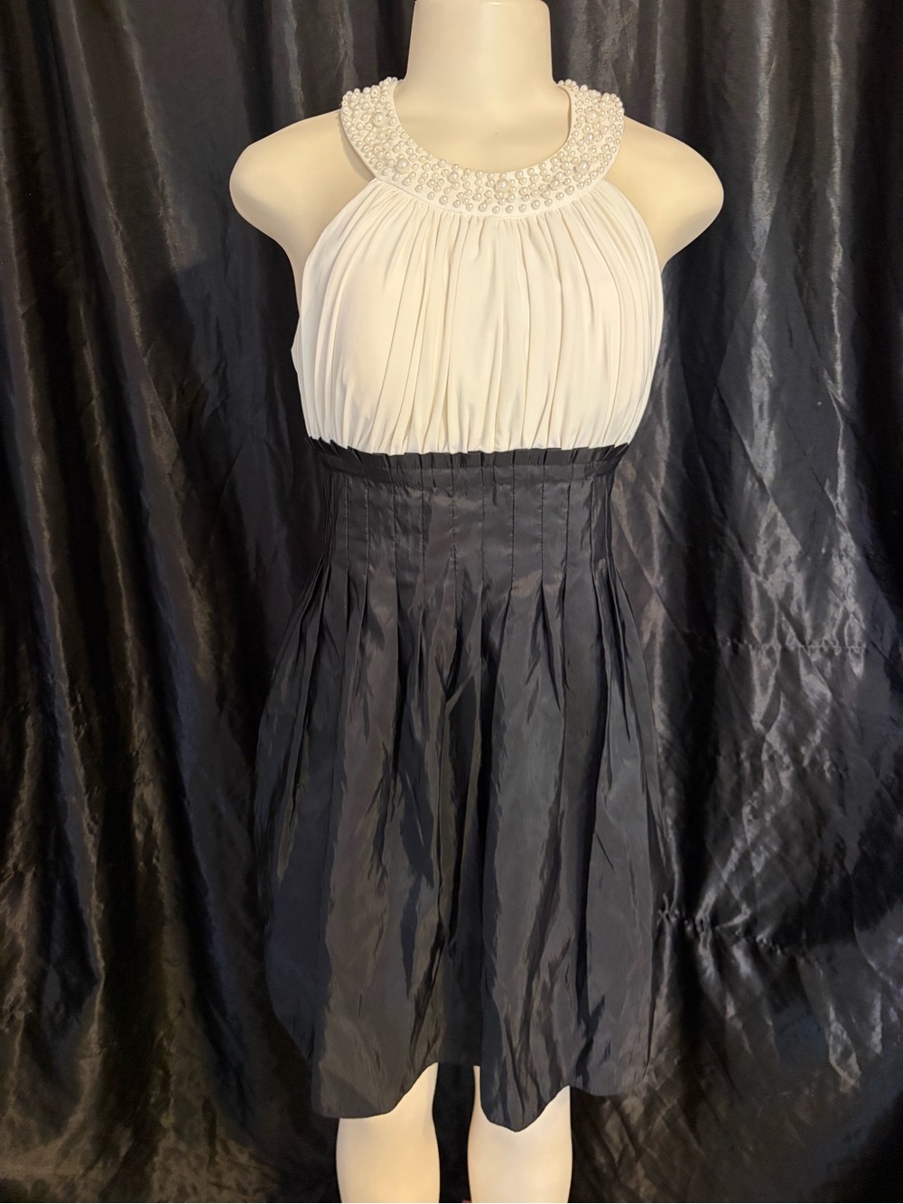 Jessica Howard White Pearl Halter Bodice with Black Skirt Cocktail Dress